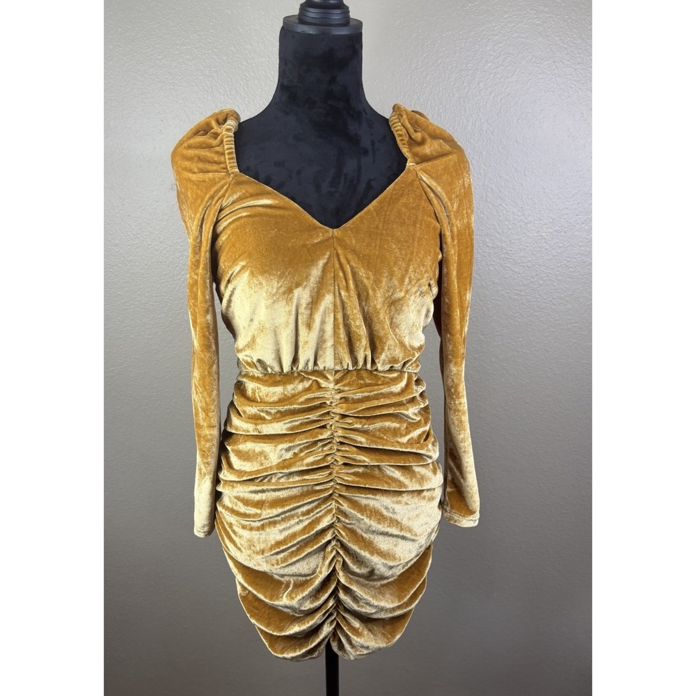MinkPink x Revolve Meknes Gold Velvet Ruched Mini Dress Size Medium